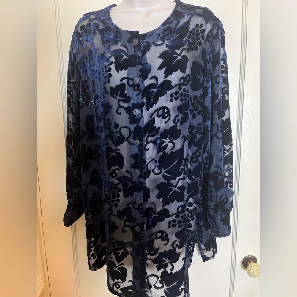 The Limited Vintage Grapes and Leaves Navy Burnout Velvet Tunic Blouse- NWT